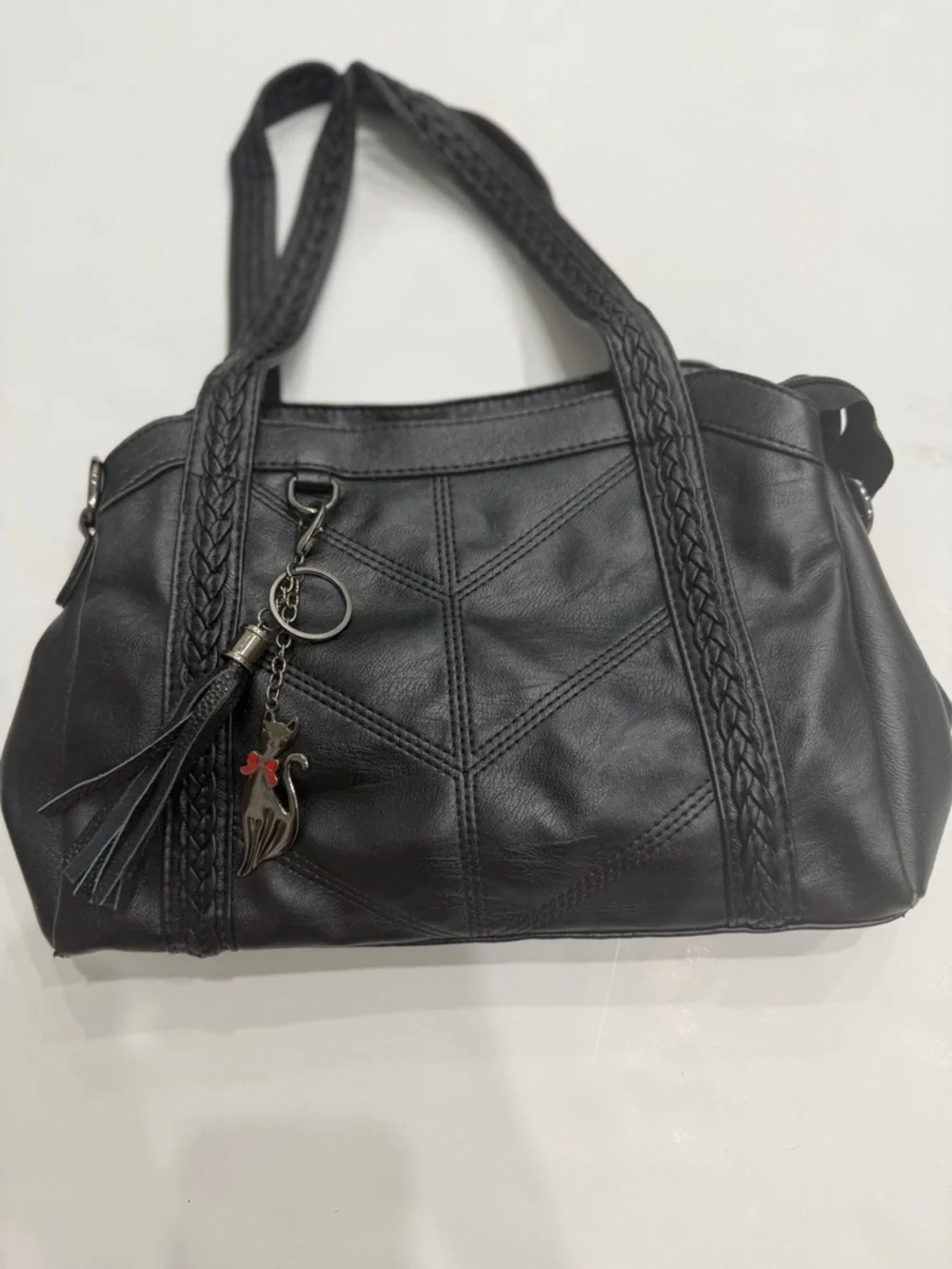 X.N CROWN Black Shoulder Bag Braided Strap Cat Charm Y2K Chic Trendy